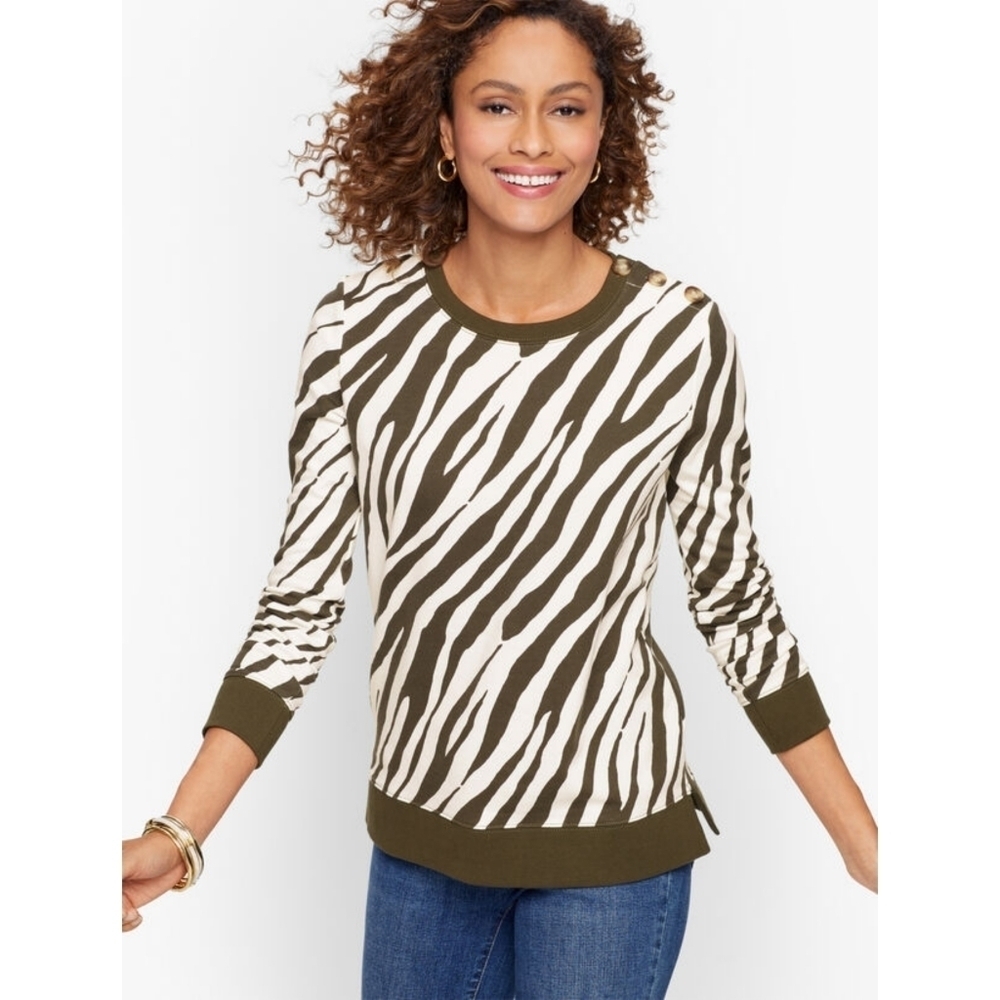 Talbots Sweatshirt Womens Small Petite Brown Zebra Pullover Crew Neck